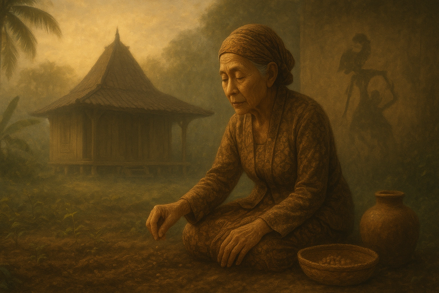 Perempuan Jawa Tua Tanam Benih Pagi Joglo