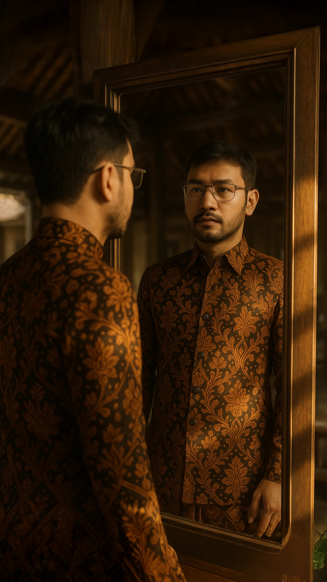 Cermin antik yang memantulkan spektrum warna, melambangkan cara membaca watak dan karakter weton yang berlapis.