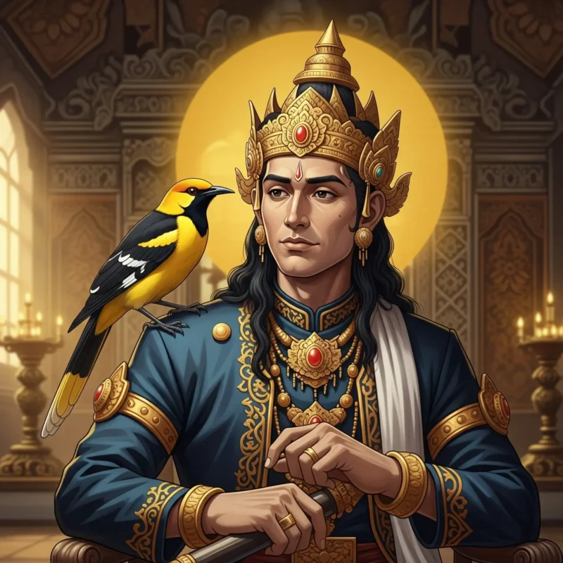 Pertarungan Api & Air: Menguak Watak Ganda Jumat Pahing Wuku Wugu - Kaweruh Jawa Dewa Batara Endra digambarkan sebagai raja agung dengan Burung Kepodang di bahunya, sebagai simbol kemewahan dan pesona Wuku Wugu dalam nuansa Jawa.