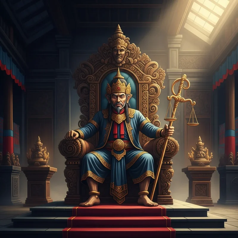 Gunung yang Puncaknya Ditiup Angin: Menguak Takdir Agung Weton Sabtu Pon Wuku Sinta - Kaweruh Jawa Dewa Batara Yamadipati digambarkan sebagai hakim agung yang berwibawa di atas takhta dengan nuansa Jawa, sebagai simbol keadilan mutlak dari Wuku Sinta.