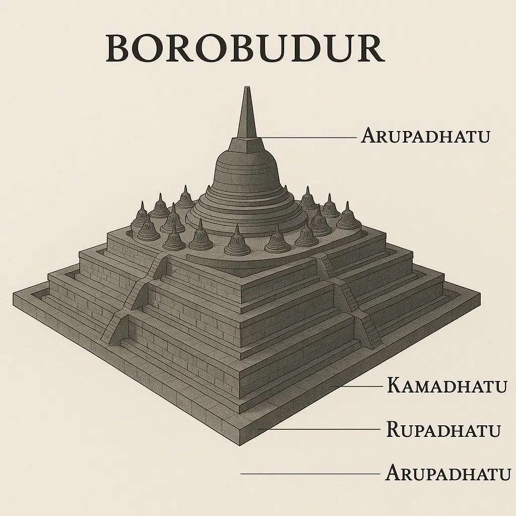 Diagram struktur Candi Borobudur yang menggambarkan tiga tingkatan Kamadhatu, Rupadhatu, dan Arupadhatu.