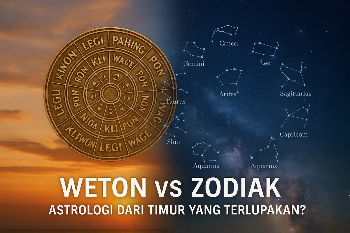 Gambar perbandingan antara roda weton Jawa dan langit bintang zodiak Barat, dibelah oleh horizon senja dan malam yang menggambarkan dua sistem astrologi dunia