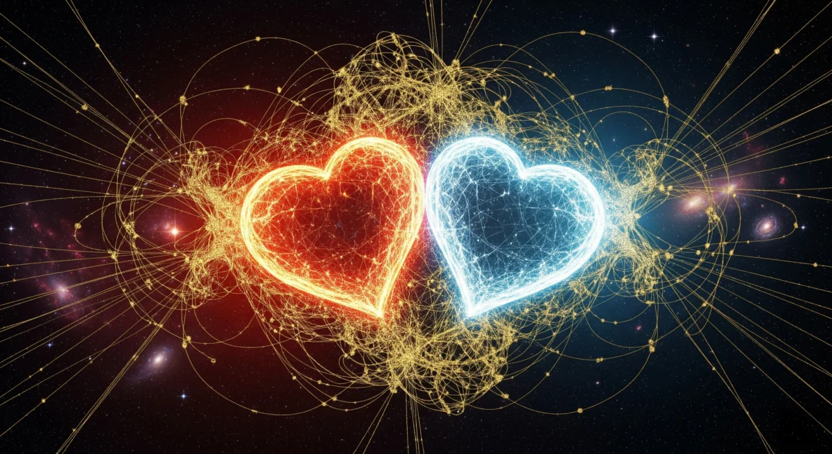 Dua hati terhubung benang emas, melambangkan perhitungan neptu jodoh dan delapan wadah takdir hubungan.