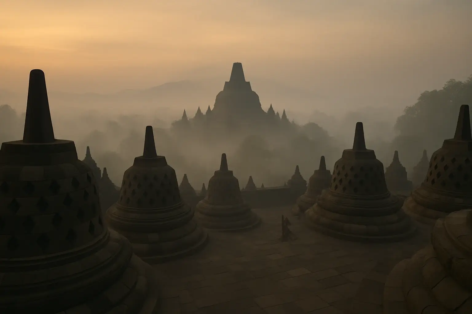 Ilustrasi Borobudur saat fajar, dengan kabut tipis dan suasana sunyi, menggambarkan Borobudur Kesunyian.