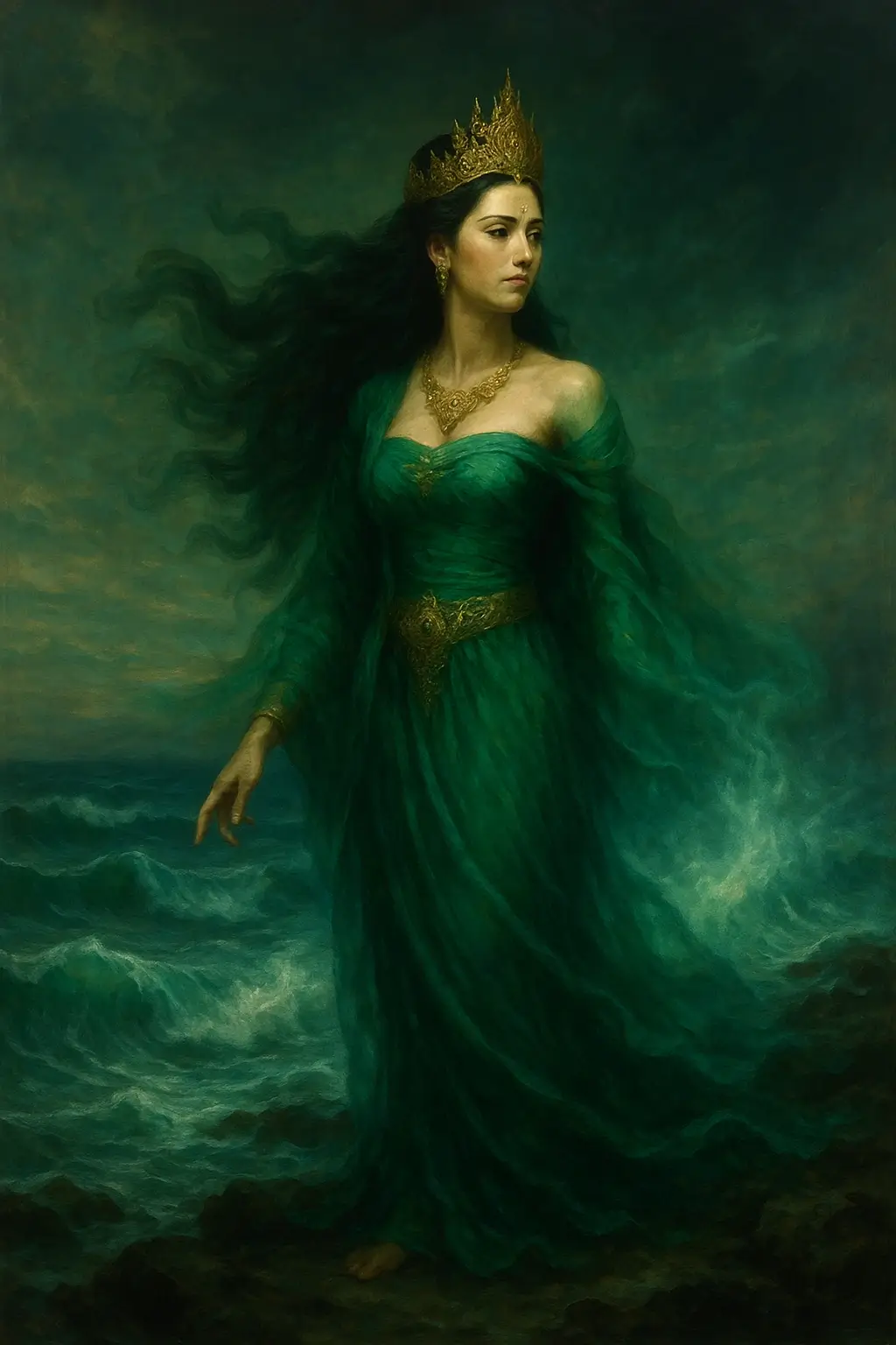 Ilustrasi Ratu Kidul di Laut Selatan, dengan ombak dan aura mistis.