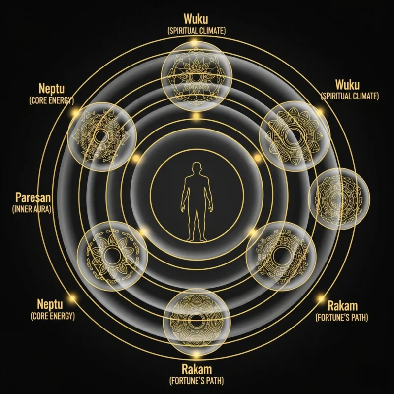 Ilustrasi atau infografis yang menunjukkan lapisan-lapisan pembentuk watak weton seperti Neptu, Paresan, dan Rakam.