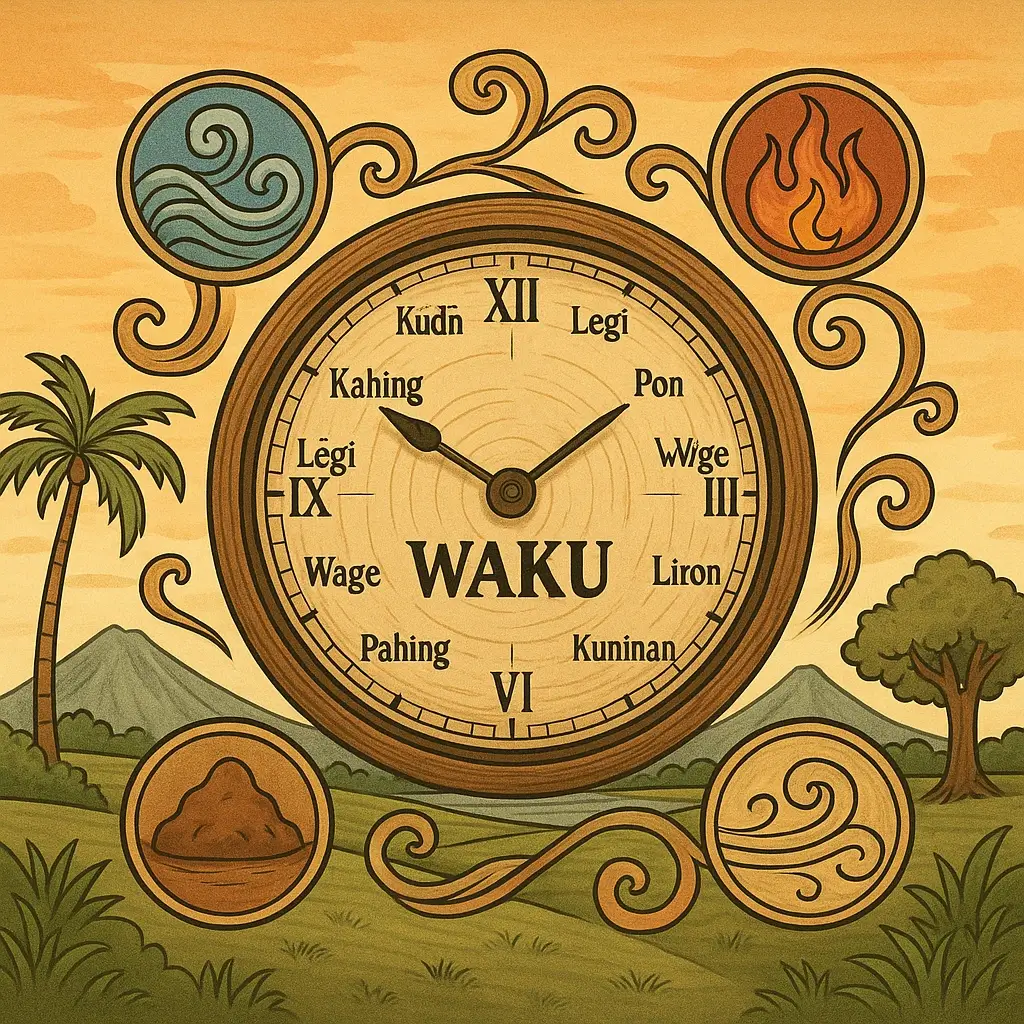 Ilustrasi filosofi waktu Jawa, jam tradisional dengan latar belakang alam dan simbol Pawukon Jawa.