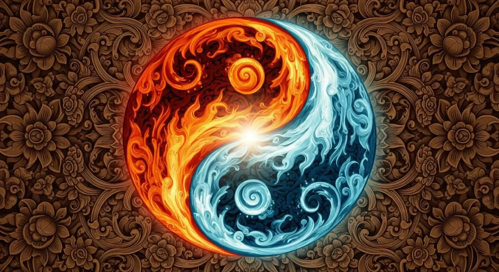 Ilustrasi pasangan yang saling menatap dengan latar belakang simbol yin dan yang versi Jawa, lambang harmoni.
