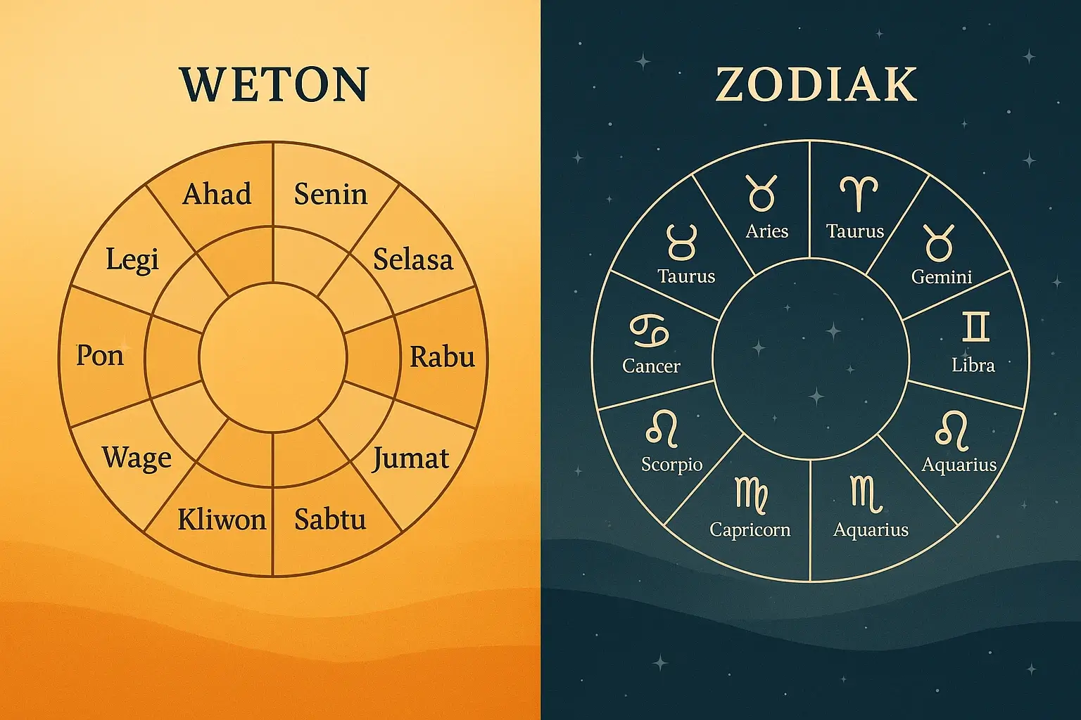 Ilustrasi perbandingan Weton vs Zodiak, dengan simbol bintang dan kalender Jawa.