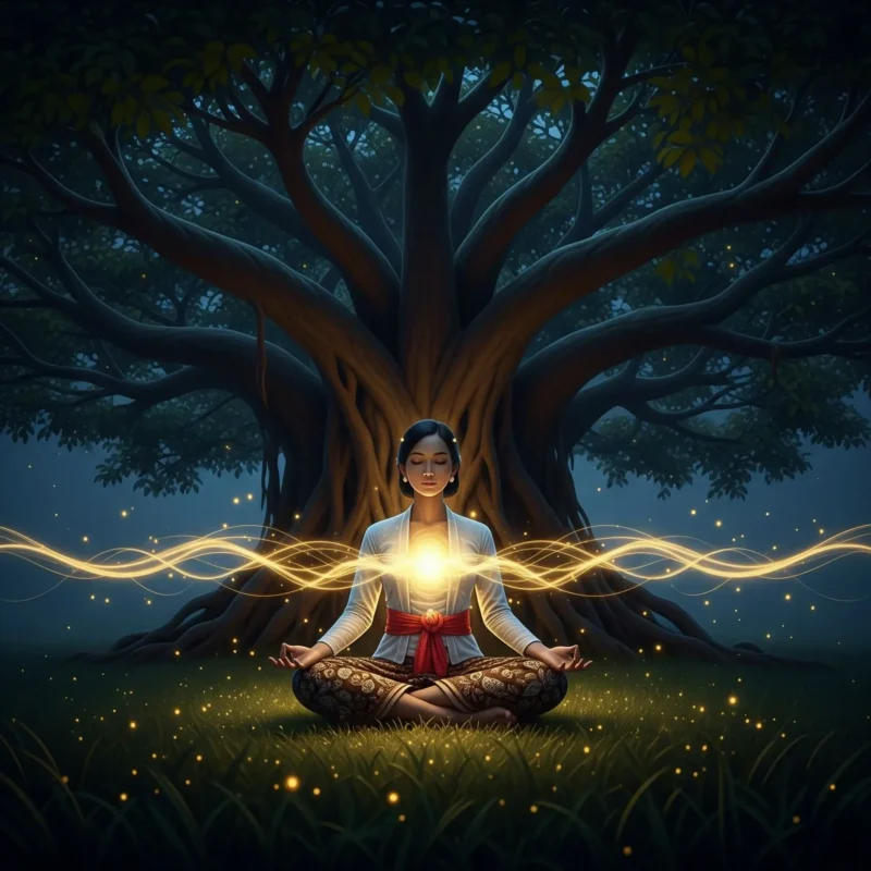 Ilustrasi seseorang dengan weton tulang wangi yang memancarkan energi spiritual, melambangkan kepekaan batin yang tinggi.