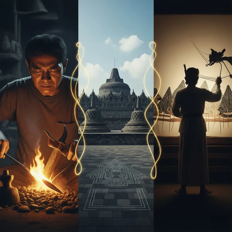 Kolase para maestro 'klenik' Empu Keris, Arsitek Candi, dan Dalang Wayang sebagai bukti kearifan dan keahlian tingkat tinggi.