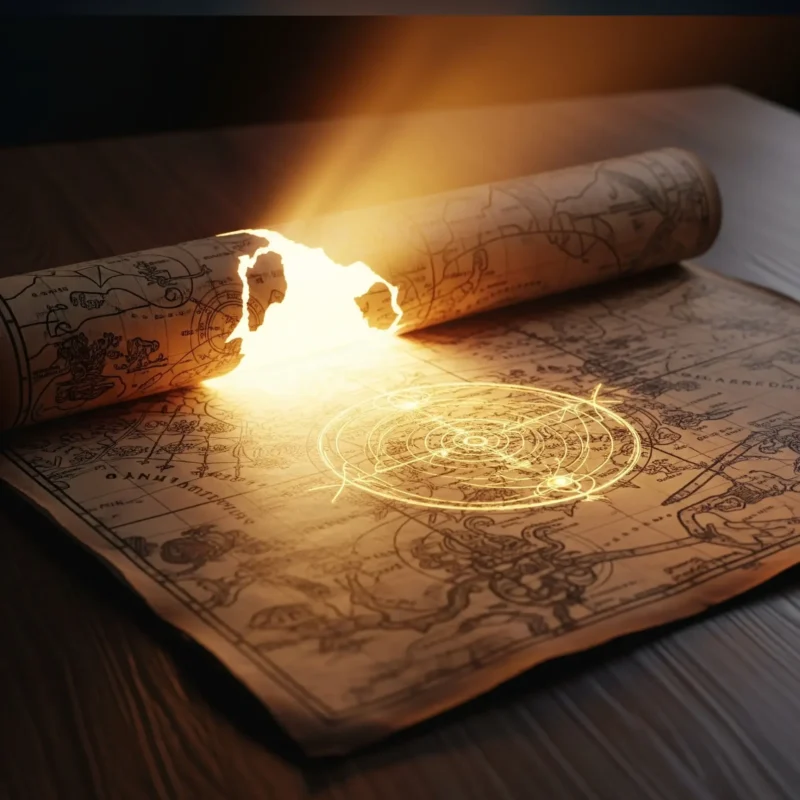 Peta primbon Jawa yang sobek namun memancarkan cahaya, melambangkan kebenaran weton di balik pemahaman yang keliru.