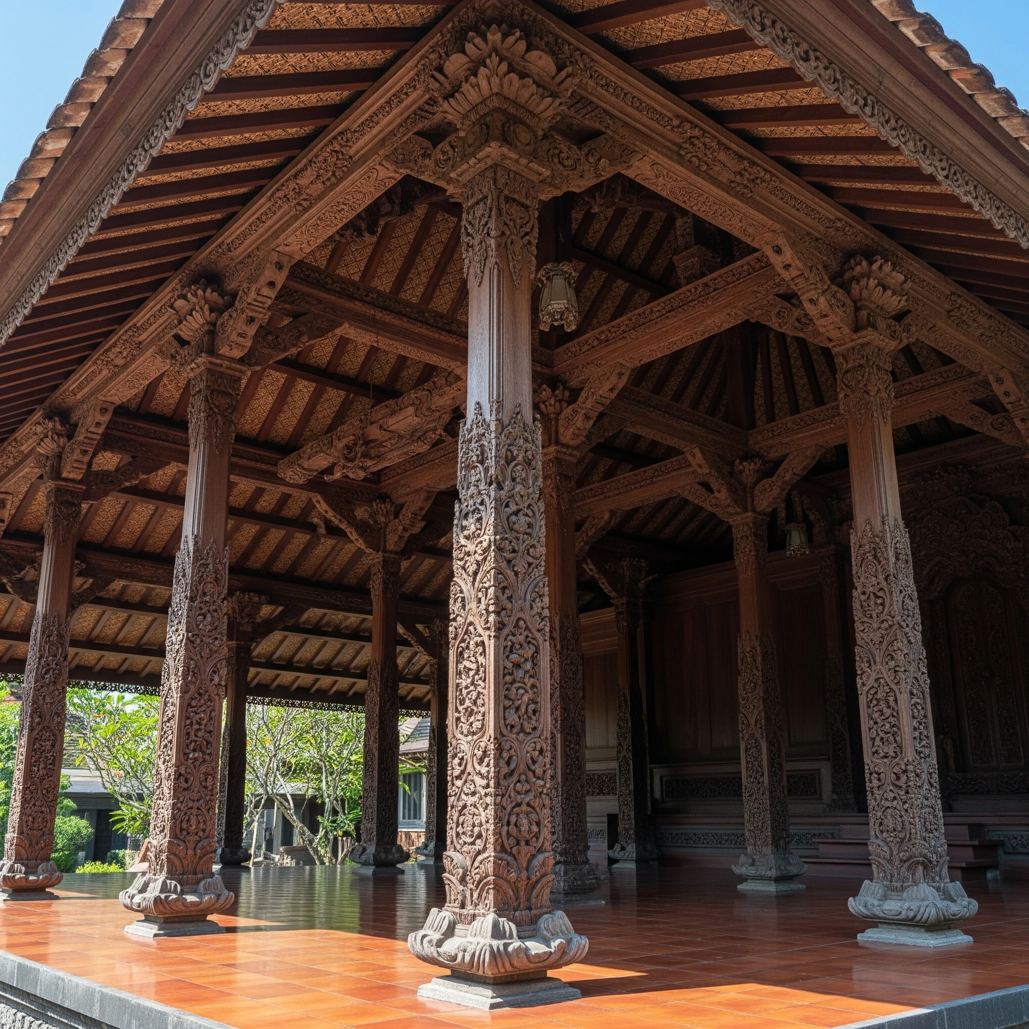 Pilar pendopo joglo yang kokoh, simbol dari Syarat dan Ketentuan Kaweruh Jawa sebagai tatanan yang menopang situs.