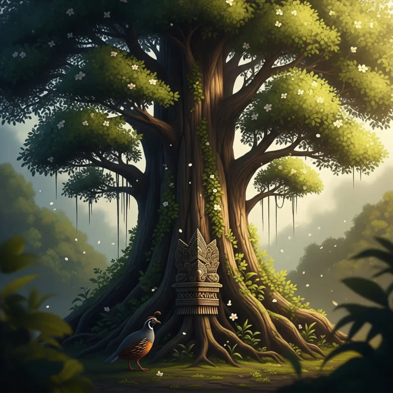 Dihantam Cobaan 'Satria Wirang' Tapi Akan Mulia di Akhir! Inilah Nasib Ajaib Weton Kamis Legi Wuku Maktal - Kaweruh Jawa Pohon Nagasari yang sakral dan seekor Burung Puyuh di dekat akarnya, melambangkan kekuatan penopang dari Wuku Maktal dengan nuansa Jawa.