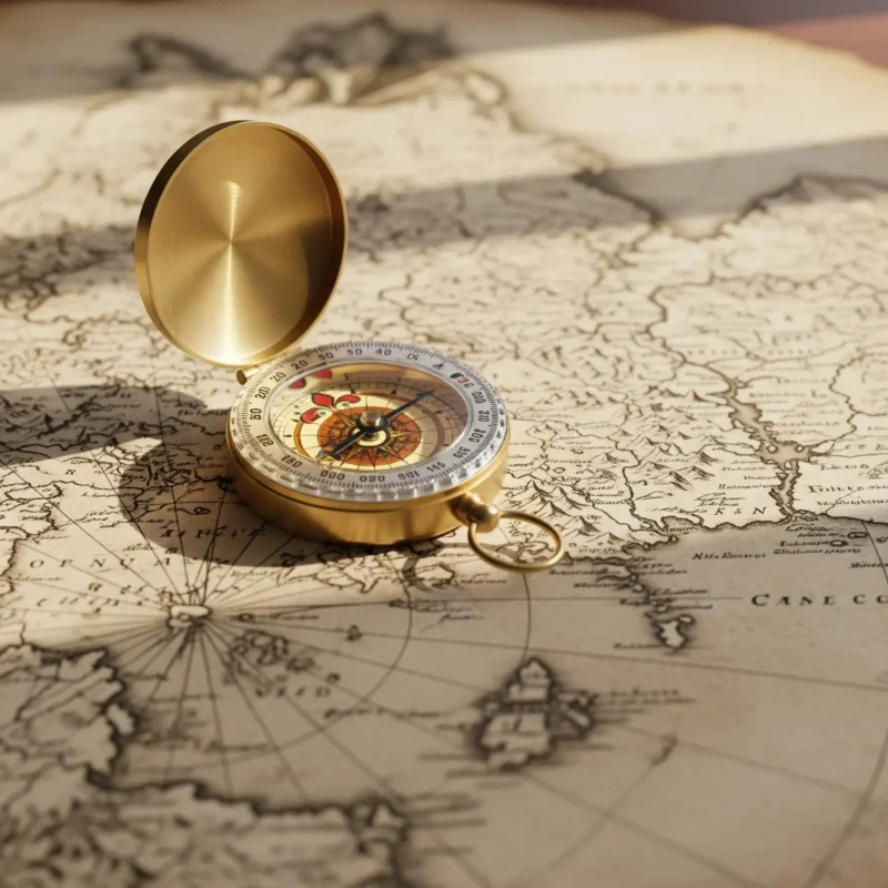 Disclaimer - Kaweruh Jawa Sebuah kompas kuno di atas naskah, simbol dari Disclaimer Kaweruh Jawa mengenai penggunaan informasi sebagai panduan.