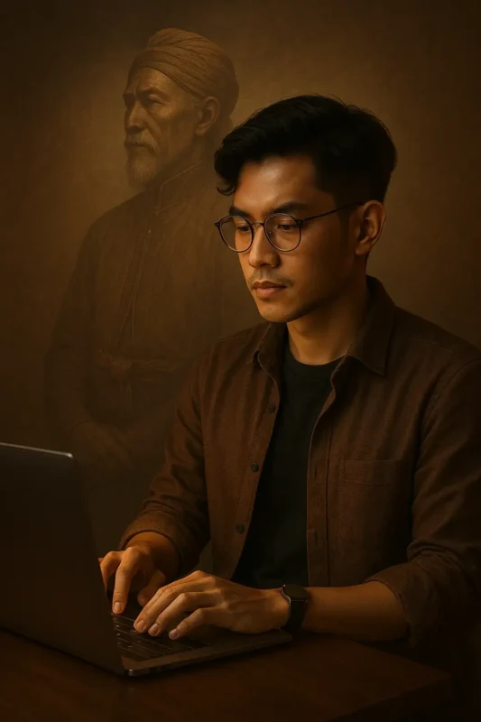 Seorang ahli modern dengan bayangan pujangga Jawa, simbol kebangkitan makna Dukun sebagai keahlian leluhur.