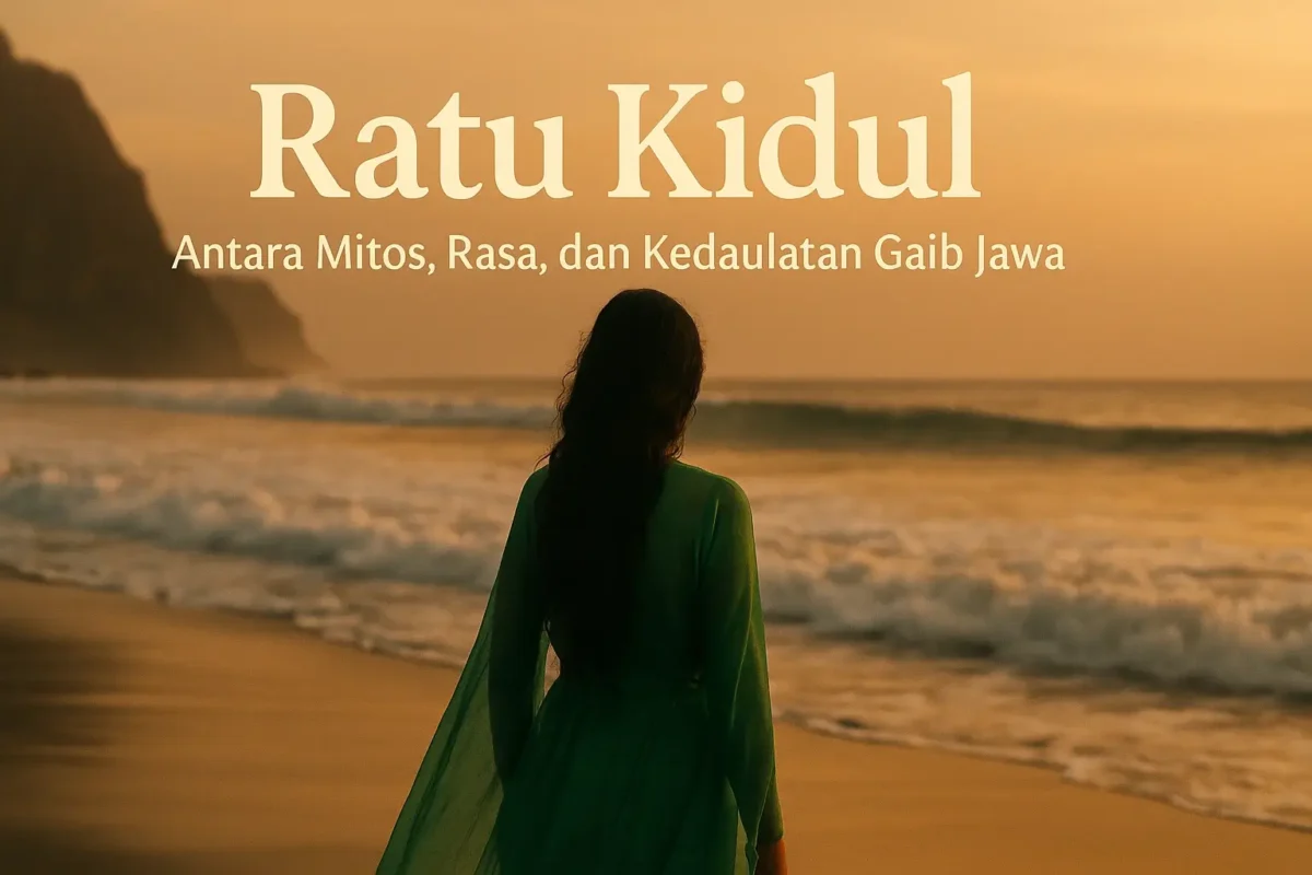 Ratu Kidul: Antara Mitos, Rasa, dan Kedaulatan Gaib Jawa - Kaweruh Jawa Seorang perempuan berkebaya hijau berdiri di tepi Pantai Selatan saat matahari terbenam, menghadap ombak dan cakrawala dalam suasana sunyi