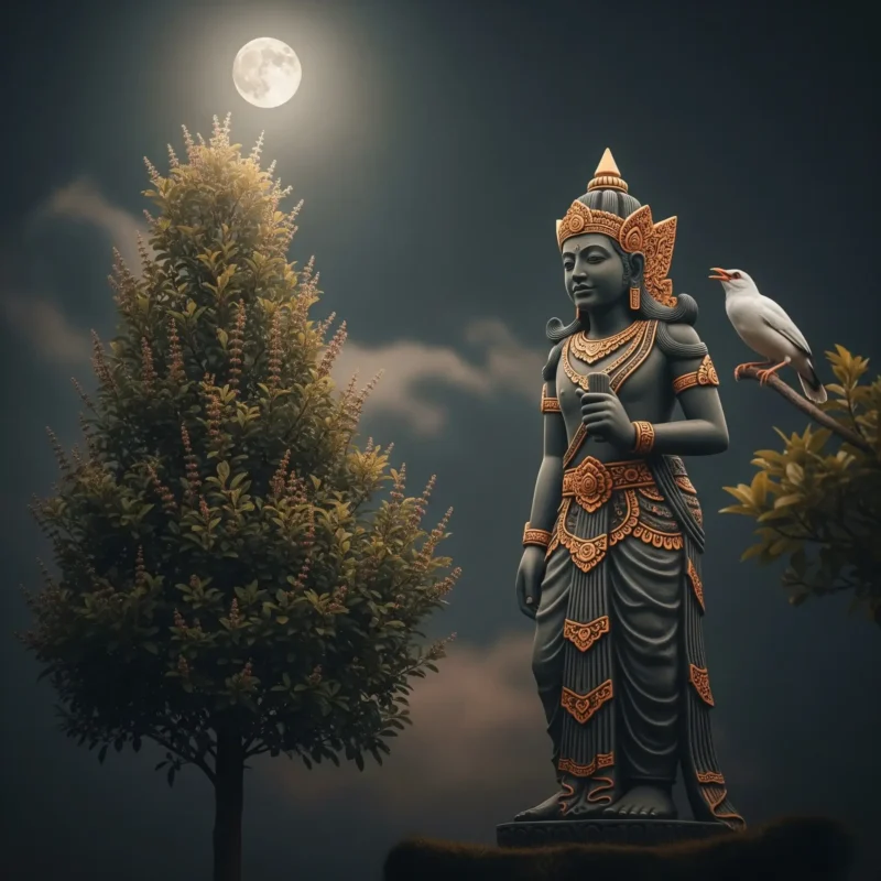 Selasa Wage Wuku Galungan: Menjinakkan Gunung Berapi, Membangkitkan Pesona Dewa Cinta - Kaweruh Jawa Visualisasi keistimewaan Wuku Galungan Batara Kamajaya sebagai dewa welas asih diteduhi cahaya bulan, melambangkan pesona gaib, disertai pohon Tlasih yang harum sebagai simbol budi pekerti