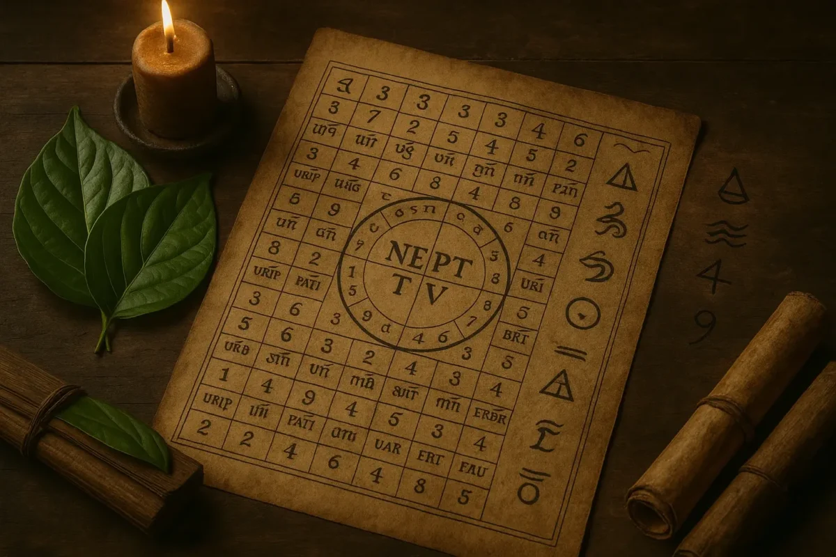 Kalender Pawukon Jawa kuno di atas meja kayu dengan daun sirih, lilin menyala, dan simbol numerologi, mencerminkan sistem neptu weton secara tradisional.