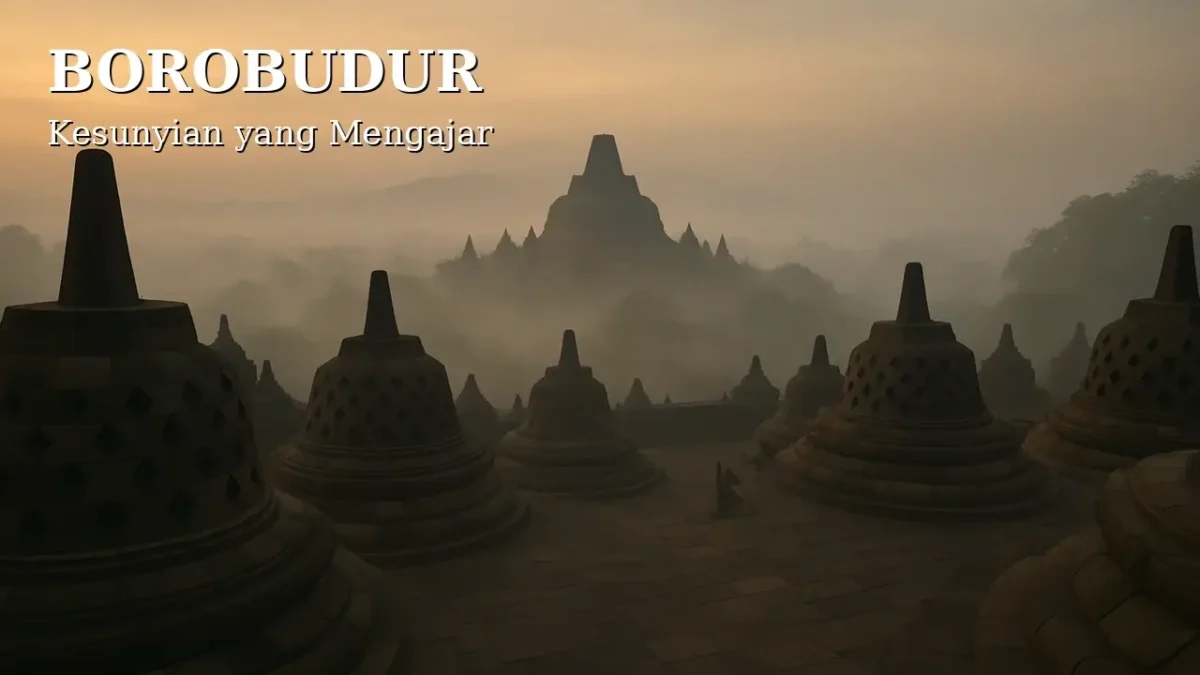 Borobudur saat fajar dengan kabut tipis dan cahaya keemasan