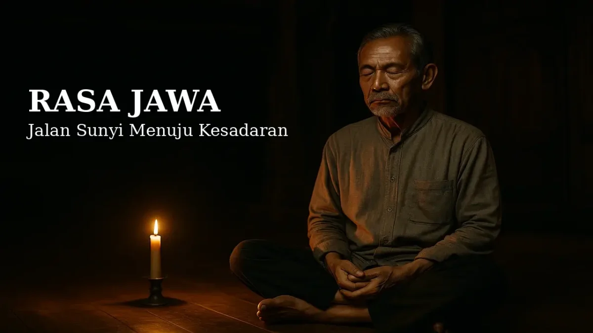Seorang pria tua berpakaian tradisional Jawa bermeditasi dengan tenang di dalam rumah joglo yang remang, ditemani cahaya lilin