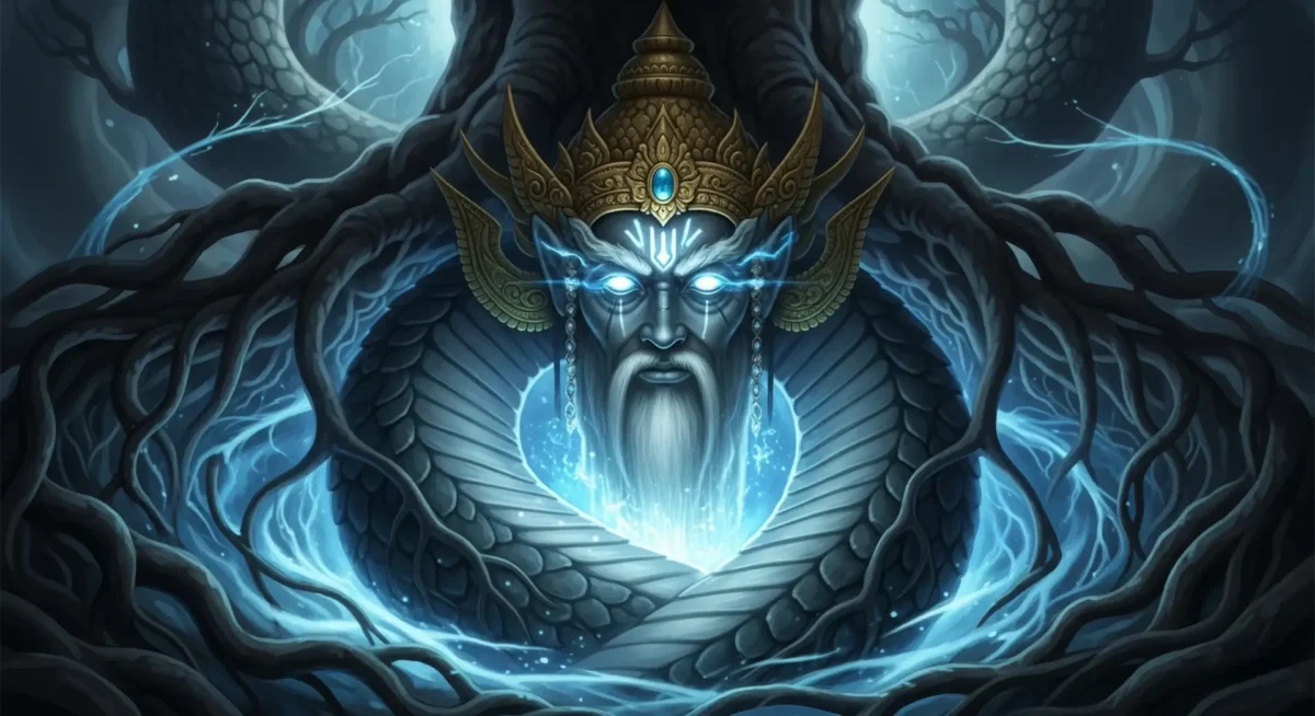 Ilustrasi Bethara Anataboga, dewa naga pelindung Wuku Watugunung dalam primbon Jawa, simbol kekuatan bumi.