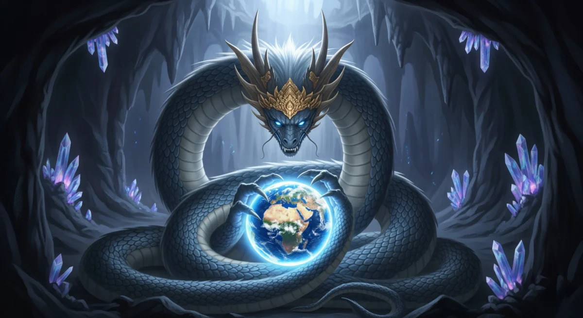 Ilustrasi Bethara Basuki sebagai Naga agung, dewa penjaga bumi dan pelindung Wuku Medangkungan dalam primbon Jawa.