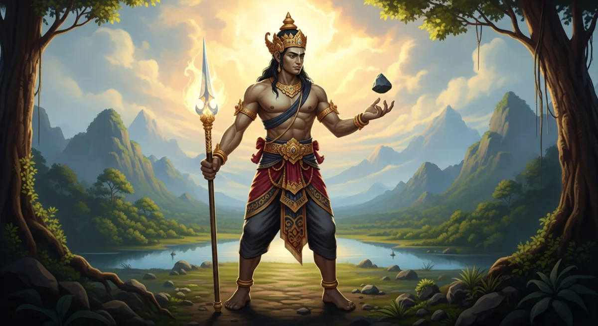 Ilustrasi Bethara Gatra yang gagah dengan tombak, dewa pelindung Wuku Manahil dalam primbon Jawa.