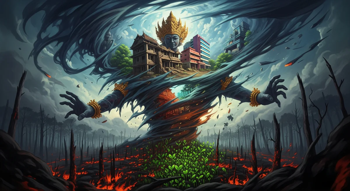 Wuku Kurantil: Membedah Watak 'Gedhong Terbalik' & Rahasia Menemukan Jodoh Sejati di Tengah Ketidakpastian - Kaweruh Jawa Ilustrasi Bethara Langsur, dewa Wuku Kurantil, sebagai energi badai yang merobohkan yang lama untuk menciptakan kehidupan baru, melambangkan watak yang dinamis dan penuh ujian.