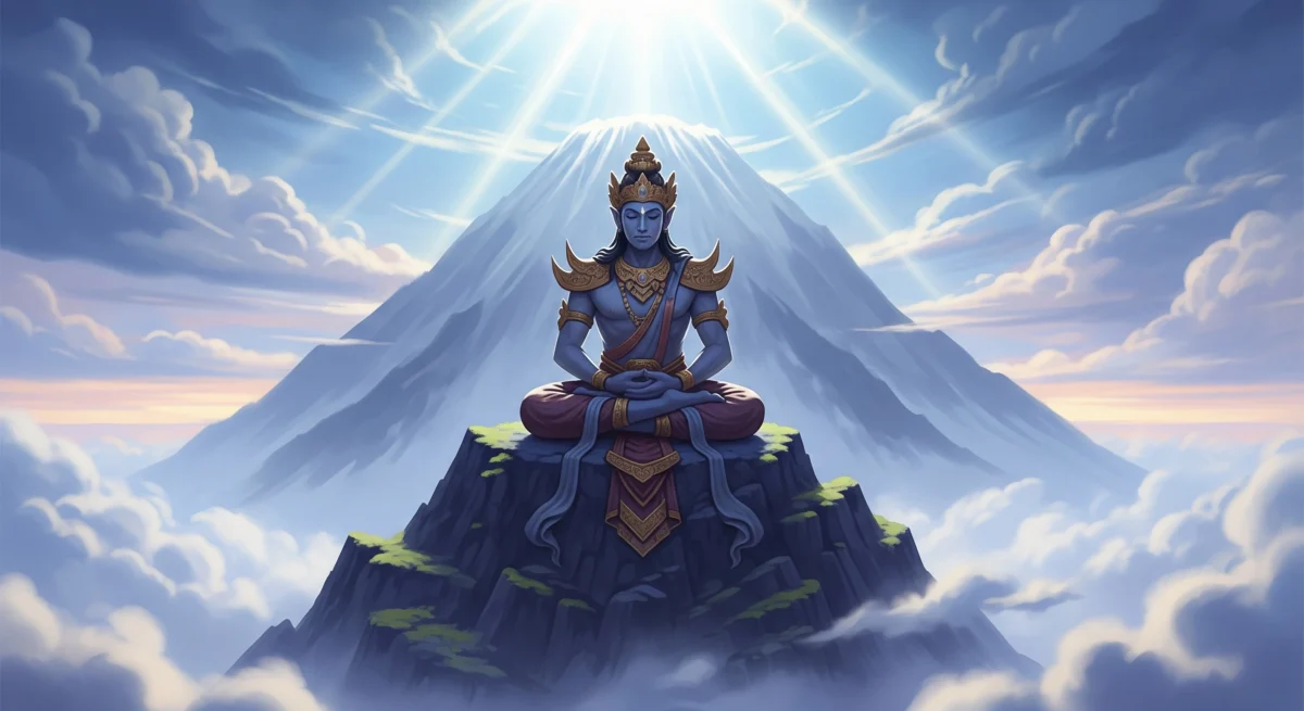 Wuku Wukir Artinya: Membedah Watak 'Gunung' yang Kokoh dan Hari Baik Pernikahan - Kaweruh Jawa Ilustrasi Bethara Mahayekti, dewa penjaga Wuku Wukir, yang sedang bermeditasi di puncak gunung, melambangkan kekuatan, ketenangan, dan fondasi yang kokoh