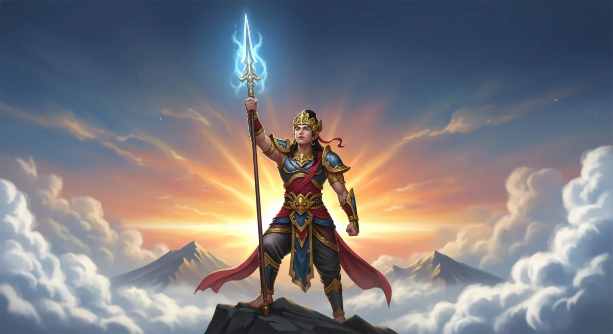 Ilustrasi Bethara Sakri yang gagah, dewa pelindung Wuku Maktal yang melambangkan semangat dan tekad tinggi.