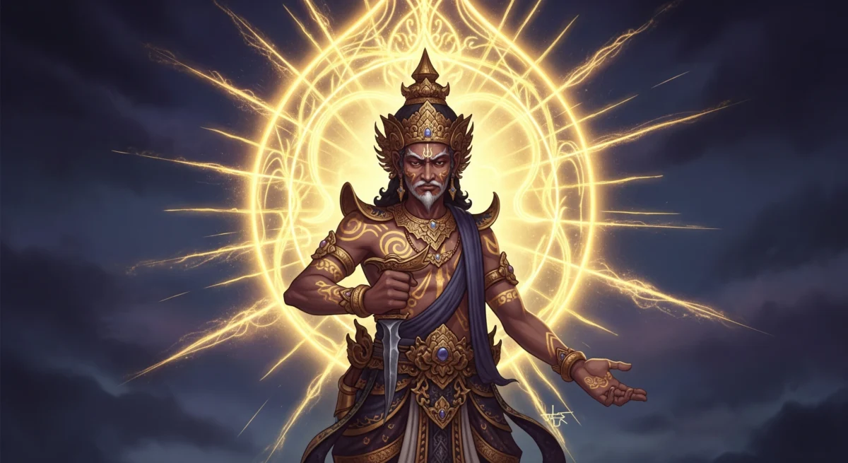 Ilustrasi Bethara Tantra yang gagah, dewa pelindung Wuku Pahang yang melambangkan kekuatan dan perlindungan.