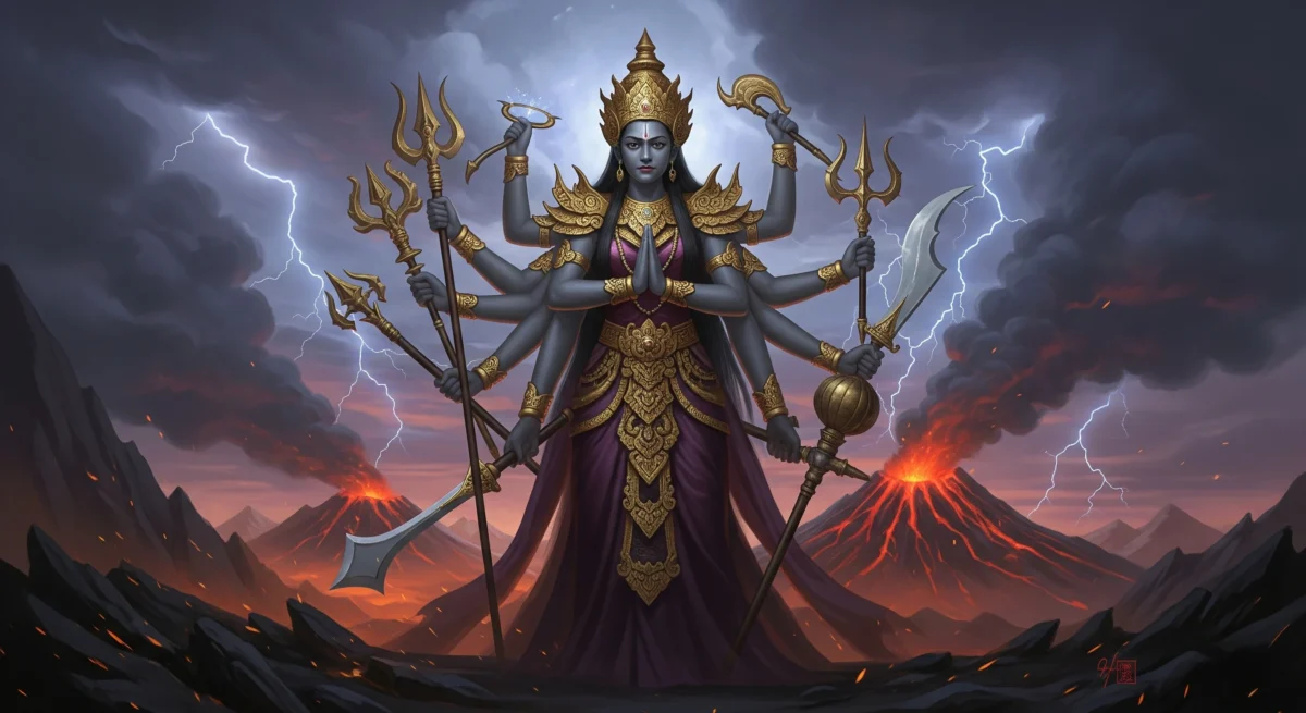 Ilustrasi Bethari Durga yang agung, dewi pelindung Wuku Bala dalam primbon Jawa, simbol kekuatan dan ketegasan.