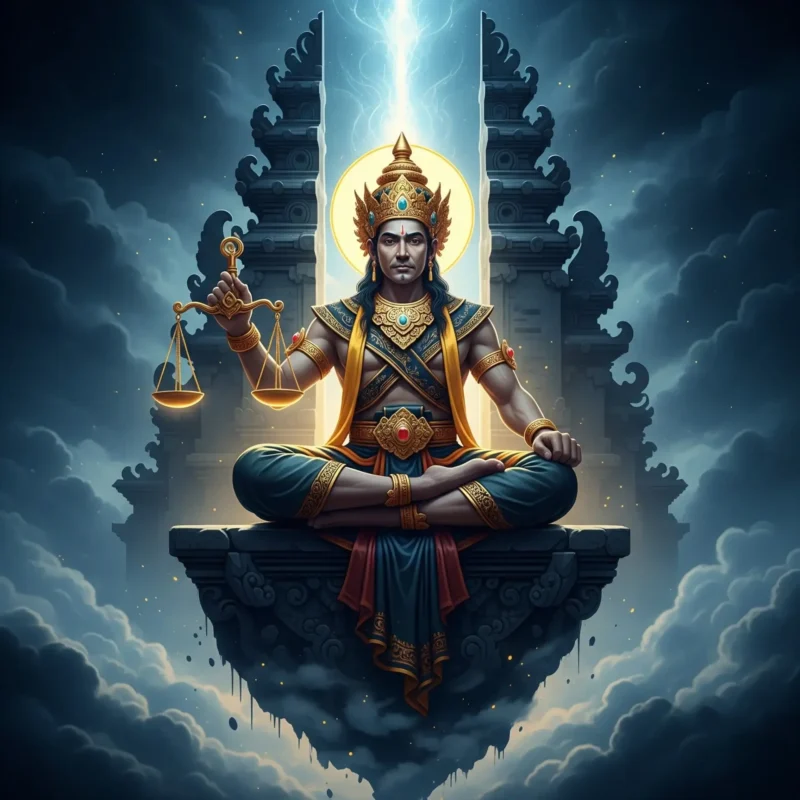 Wuku Sinta: Mengungkap Makna Sang Penjaga Keseimbangan dalam Pawukon Jawa Lengkap - Kaweruh Jawa Ilustrasi simbolis Wuku Sinta dengan Bethara Yamadipati sebagai penjaga keseimbangan.