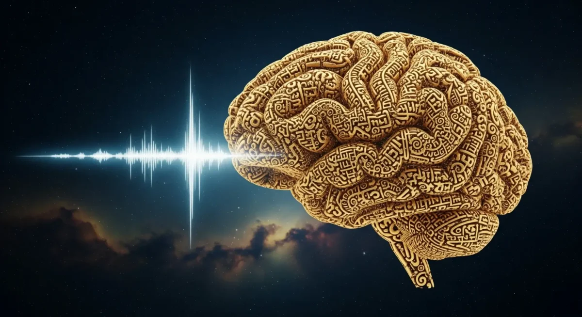 Mantra Bukan Sihir: Bagaimana Leluhur Jawa Menggunakan 'Alat Pikiran' untuk Kesehatan Mental - Kaweruh Jawa Otak yang terbentuk dari aksara Jawa, melambangkan mantra sebagai teknologi pikiran dan kearifan kuno_