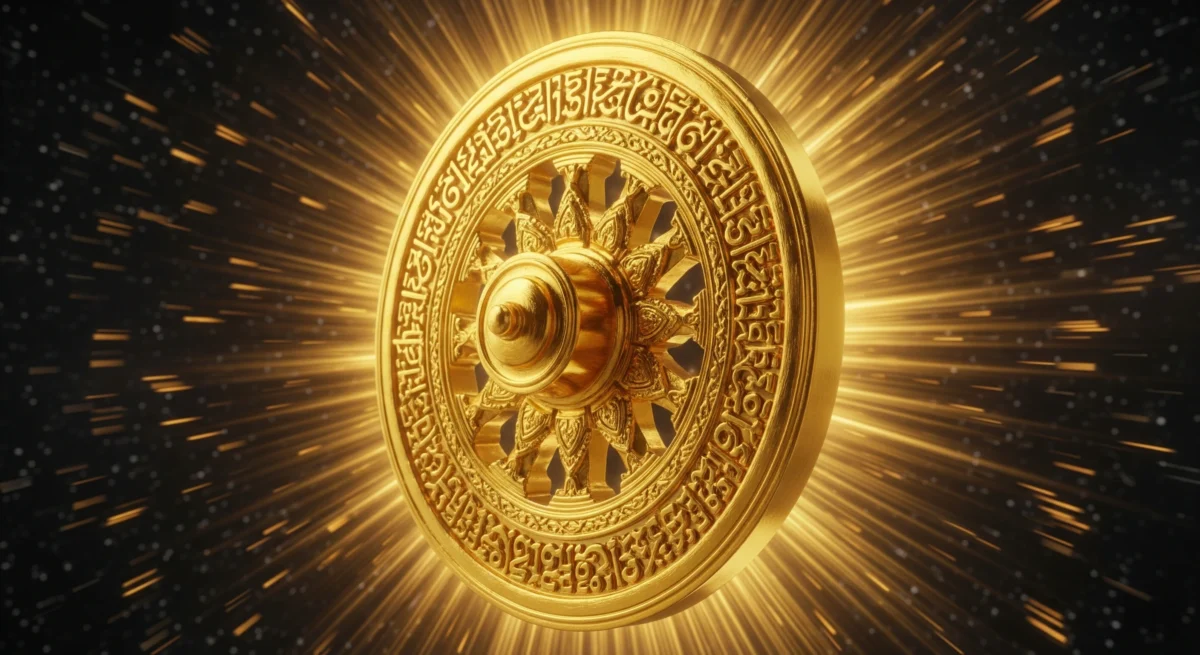 Wuku Gumbreg: Membedah Takdir Sang 'Roda Kehidupan' dalam Primbon Jawa - Kaweruh Jawa Sebuah Cakra emas berukir aksara Jawa, berputar dengan cahaya agung, melambangkan Wuku Gumbreg dan roda kehidupan.