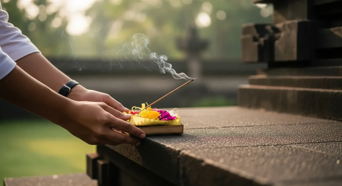 Sesajen Bukan Makanan Jin: Membongkar Puisi Rasa Syukur Leluhur Jawa yang Disalahpahami - Kaweruh Jawa Sebuah tangan modern meletakkan sesajen yang indah, melambangkan makna sesajen sebagai wujud rasa syukur, bukan praktik syirik_