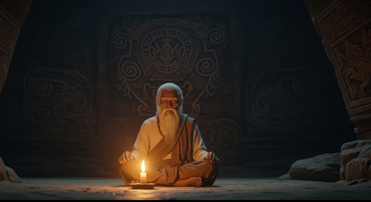 Wuku Warigagung: Wejangan 'Kekuatan dalam Keheningan' dari Sang Resi Agung Primbon Jawa - Kaweruh Jawa Seorang resi agung bermeditasi di goa, melambangkan kekuatan dalam keheningan dari Wuku Warigagung.