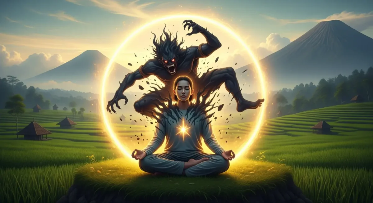 Tapa Bukan Mencari Pesugihan: Membongkar 'Dopamine Detox' Leluhur Jawa untuk Menaklukkan Diri - Kaweruh Jawa Seseorang bermeditasi menaklukkan bayangan dirinya, melambangkan laku tapa untuk mengendalikan hawa nafsu.