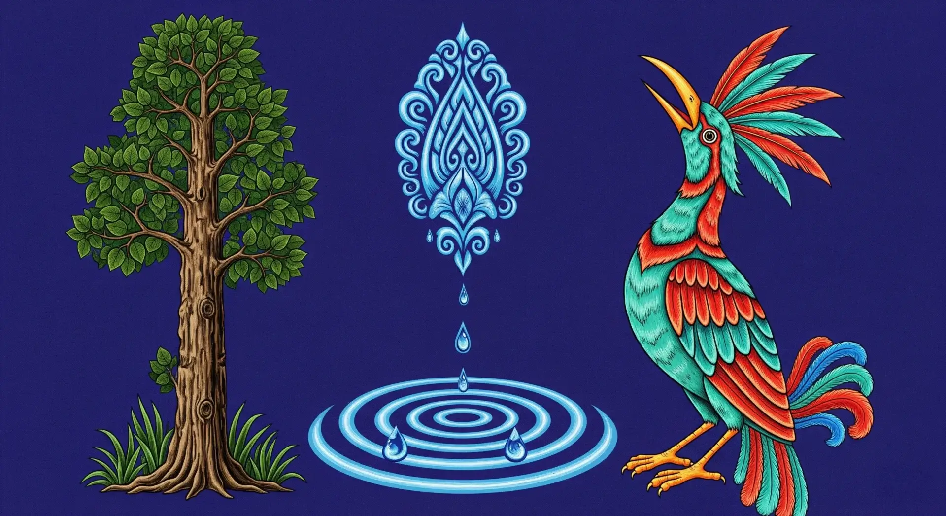 Simbol-simbol Wuku Kulawu Pohon Tal dan Burung Nuri, yang melambangkan watak kelahiran yang kompleks