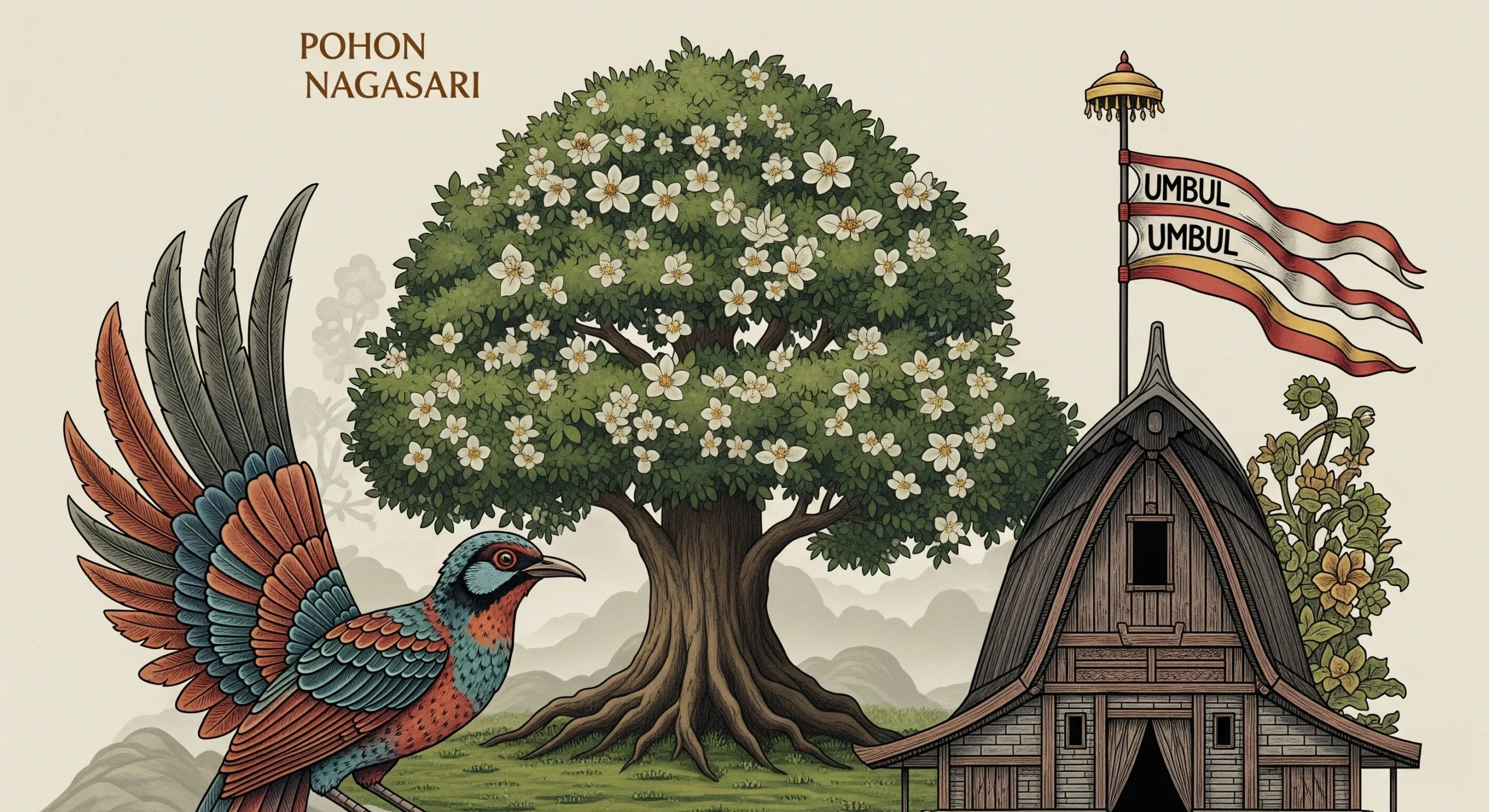 Simbol-simbol Wuku Maktal Pohon Nagasari, Burung Ayam Alas, dan Gedhong dengan Umbul-umbul, yang melambangkan watak kelahiran