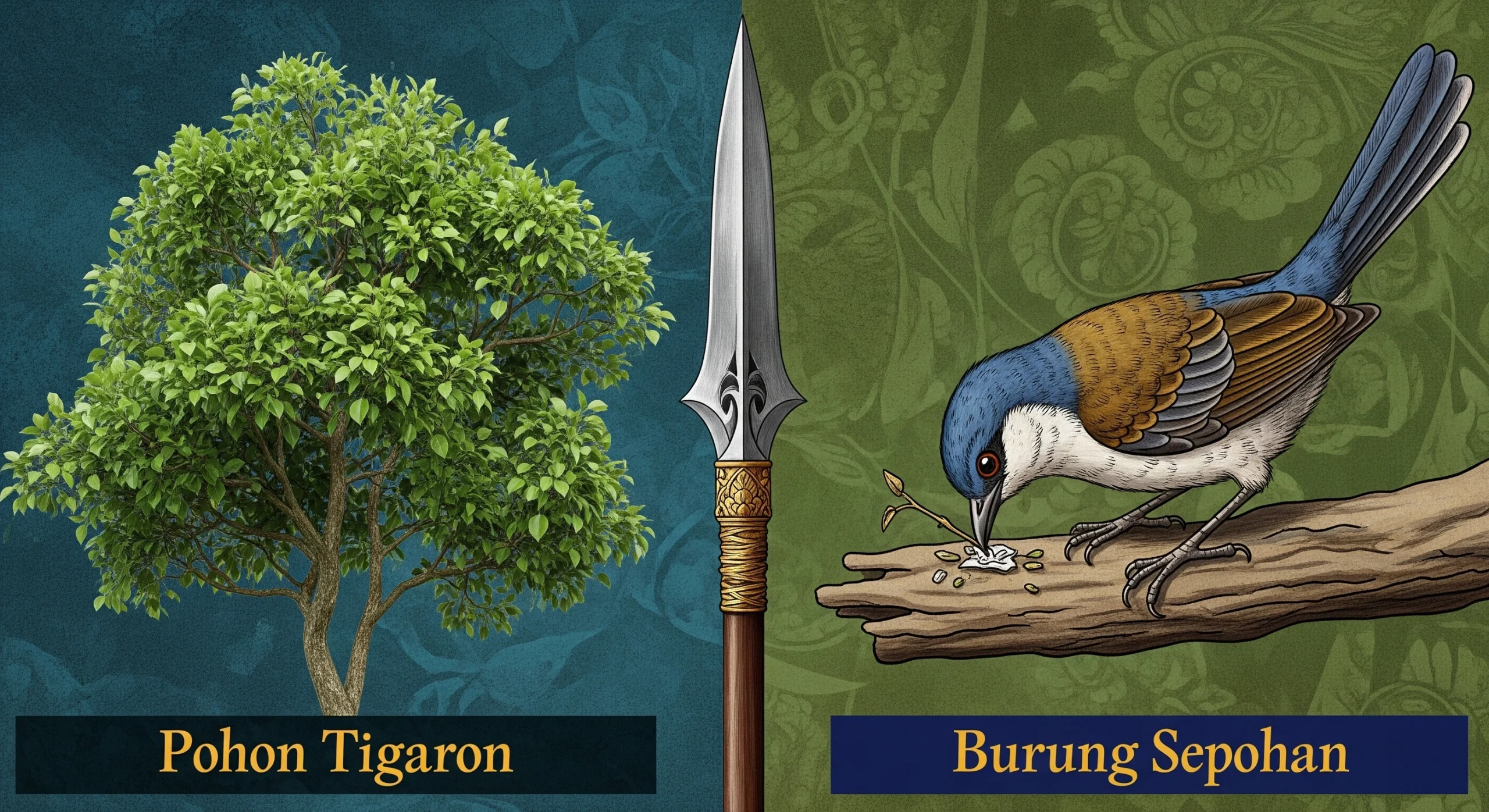 Simbol-simbol Wuku Manahil Pohon Tigaron dan Burung Sepahan, yang melambangkan watak kelahiran yang paradoks