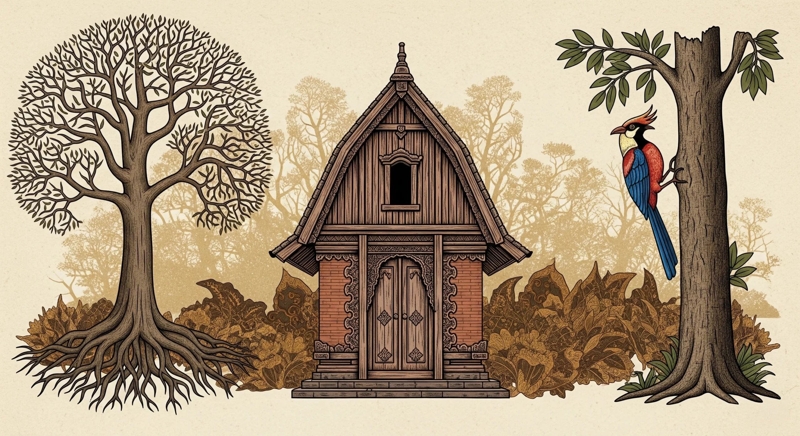 Simbol-simbol Wuku Mandhasiya: Pohon Asam, Burung Platuk Bawang, dan Gedhong Tertutup, yang melambangkan watak kelahiran.