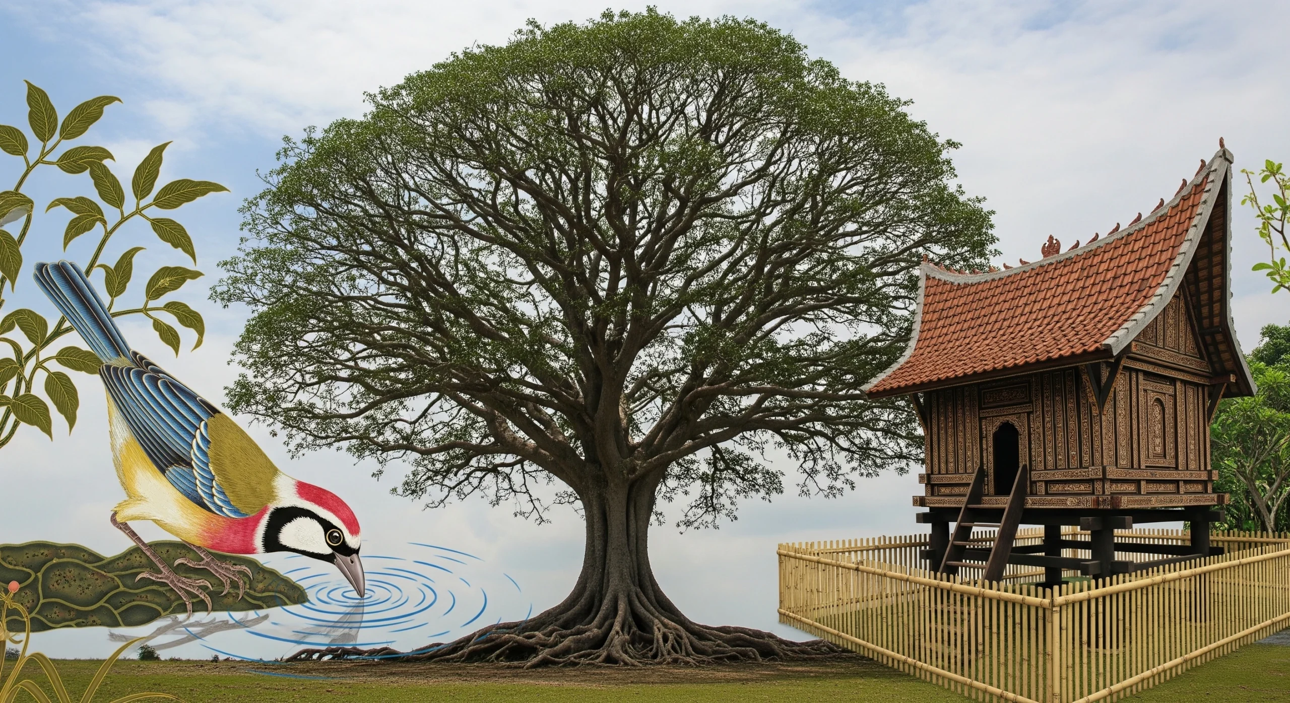 Simbol-simbol Wuku Medangkungan Pohon Plasa dan Burung Pelung, yang melambangkan watak kelahiran