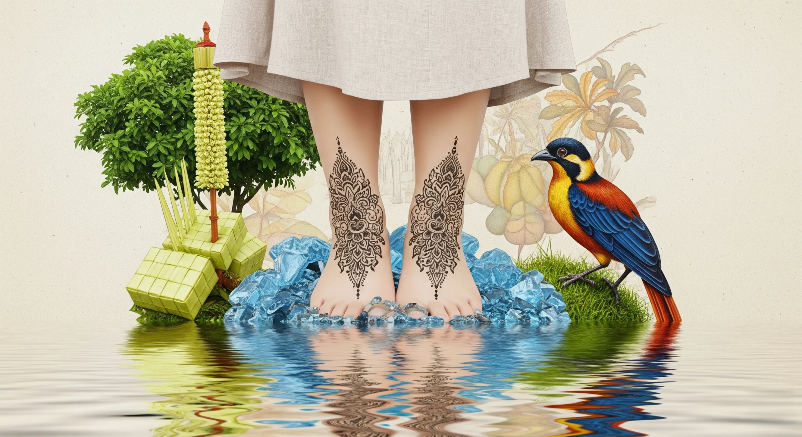 Simbol-simbol Wuku Prangbakat Pohon Tirisan, Burung Urang-urangan, dan Kaki Direndam Air, yang melambangkan watak kelahiran