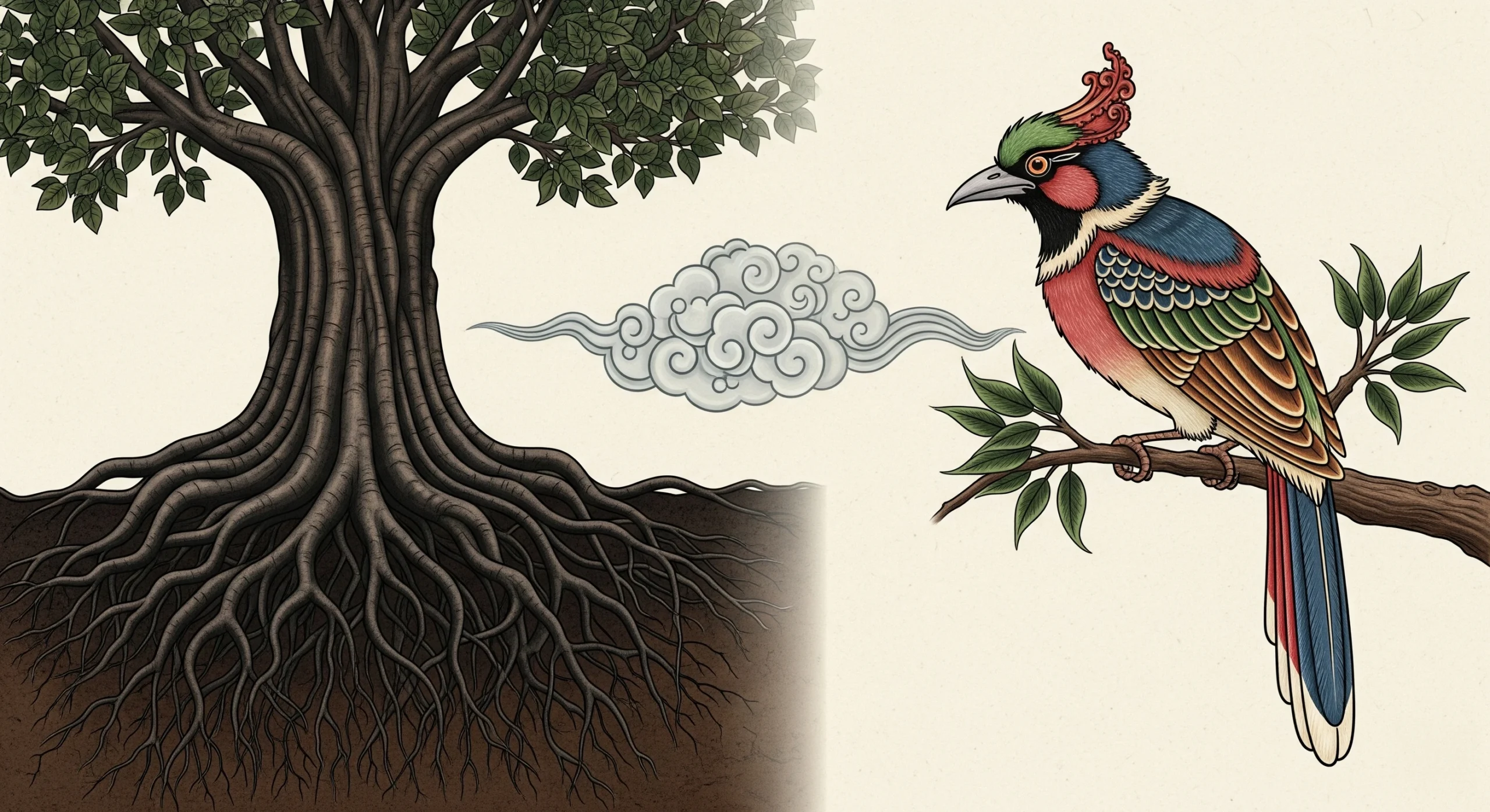 Simbol-simbol Wuku Sungsang: Pohon Tangan, Burung Nori, dan Mega Mendhung yang melambangkan watak kelahiran.