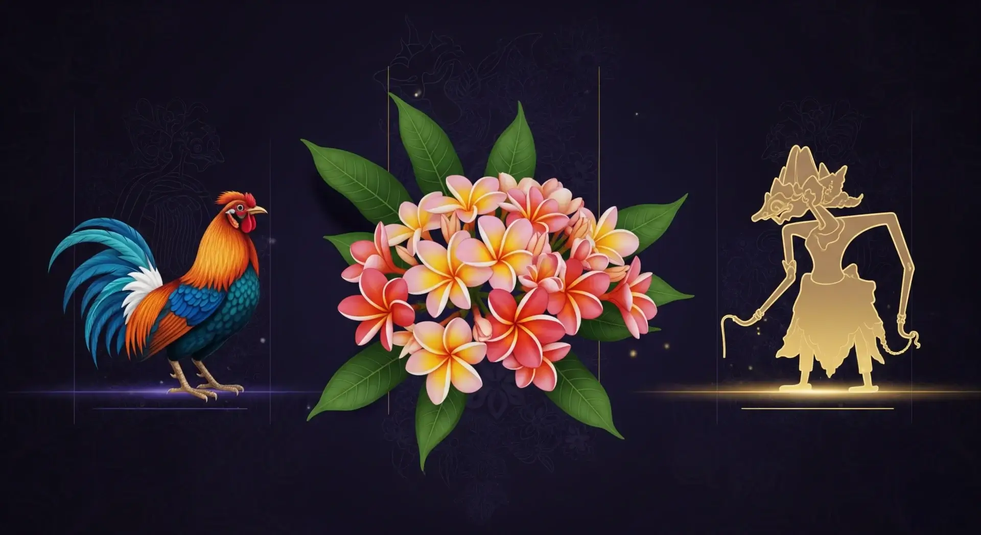 Simbol-simbol Wuku Wayang Pohon Cempaka dan Burung Ayam Alas, yang melambangkan watak kelahiran yang berwibawa dan disukai