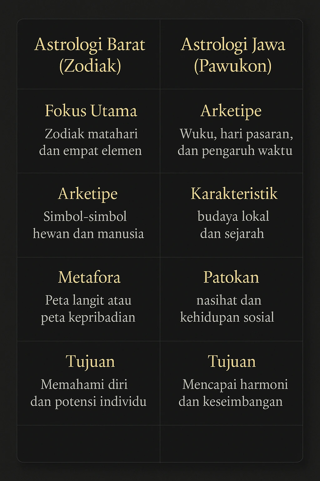 Tabel Perbandingan Astrologi Jawa vs Barat dalam format gambar daftar yang modern dan mudah dibaca