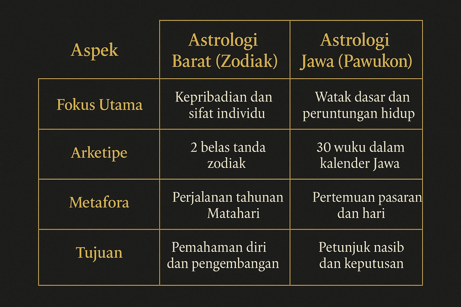 Tabel Perbandingan Astrologi Jawa vs Barat dalam format gambar tabel yang bersih dan tidak rusak