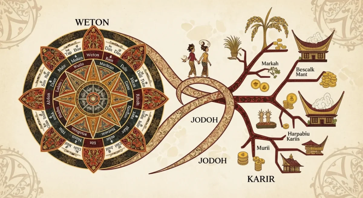 Peta Lengkap Jiwa: Kalkulator Weton, Jodoh, & Karir Sesuai Primbon Jawa - Kaweruh Jawa Peta jiwa Jawa, melambangkan perjalanan hidup, jodong, dan karir yang dipandu kearifan weton dan primbon